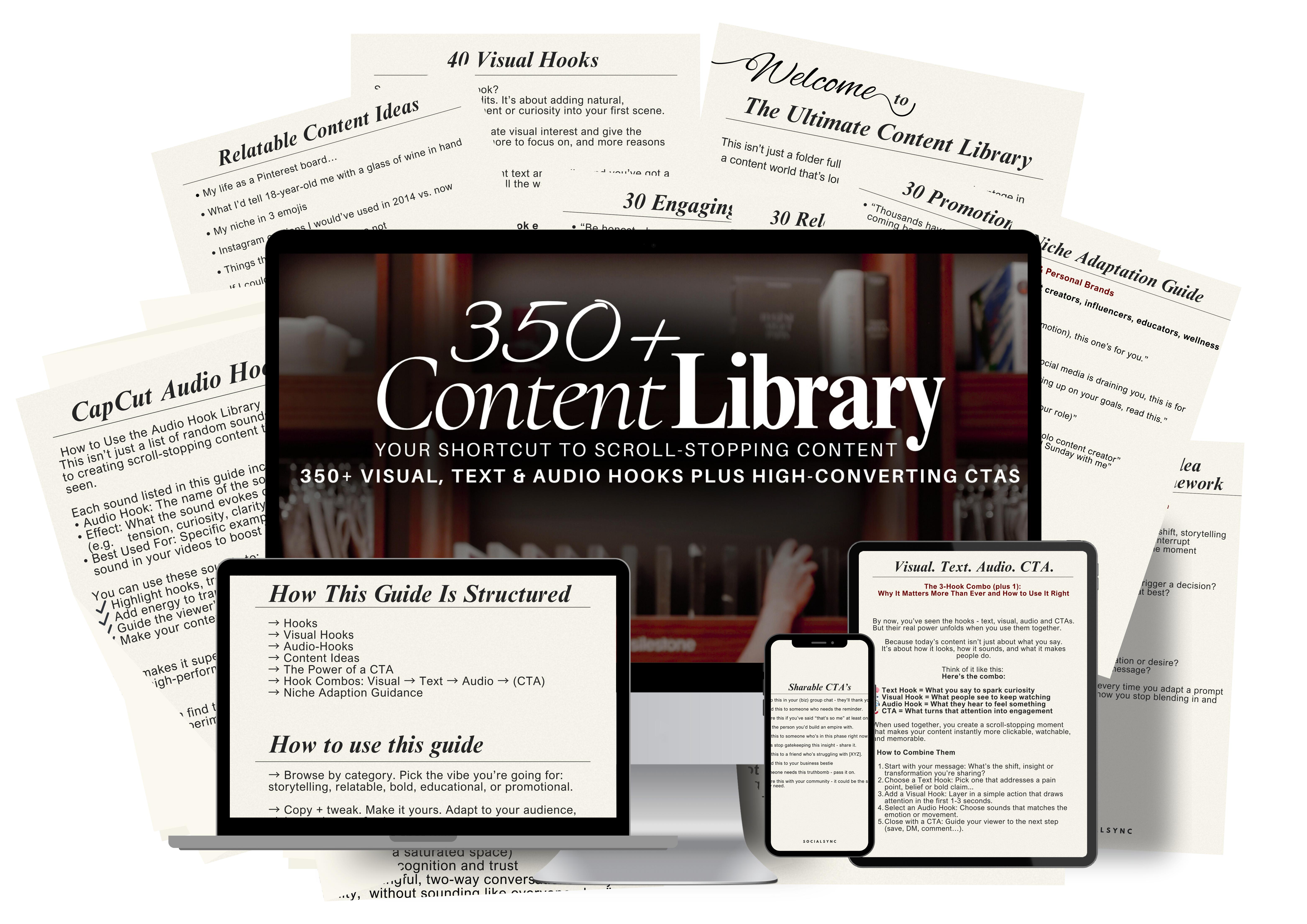 The 350+ Content Library. Visual, text and audio hooks plus high-converting CTAs.